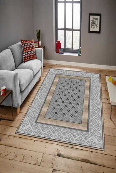 Makinede Yıkanabilir Leke Tutmaz  GRİ-GOLD Modern Çerçeve Desen Halı B1305  GRİ-KAHVERENGİ 80 x 150