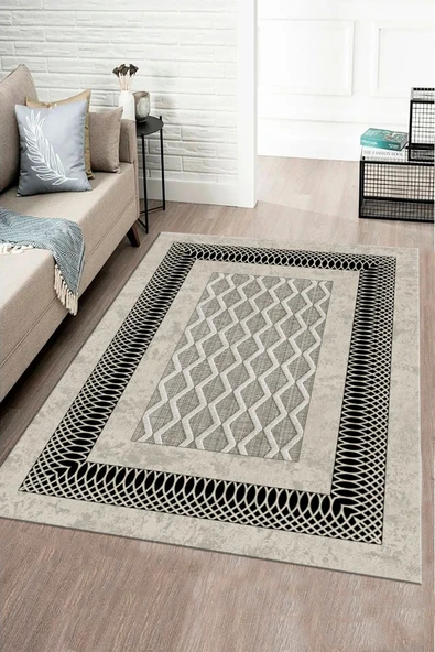 Makinede Yıkanabilir Leke Tutmaz  GRİ Modern Çerçeve Desen Halı B1321  BEJ 80 x 150