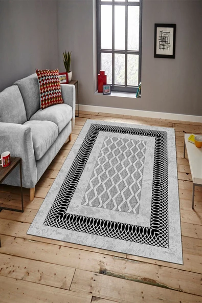 Makinede Yıkanabilir Leke Tutmaz  GRİ Modern Çerçeve Desen Halı B1321  200 x 300 GRİ - Resim 2