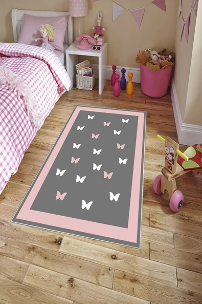 Makinede Yıkanabilir Leke Tutmaz  Gri-Pembe Pvc Deri Kaymaz Taban Kelebek Çocuk Saçaksız Halı H7120  ÇOKLU 80 x 150 - 3