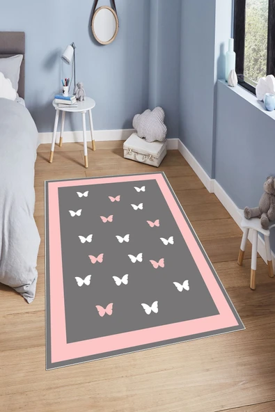Makinede Yıkanabilir Leke Tutmaz  Gri-Pembe Pvc Deri Kaymaz Taban Kelebek Çocuk Saçaksız Halı H7120  ÇOKLU 200 x 300