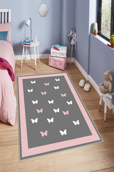 Makinede Yıkanabilir Leke Tutmaz  Gri-Pembe Pvc Deri Kaymaz Taban Kelebek Çocuk Saçaksız Halı H7120  ÇOKLU 80 x 150 - 4