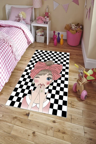 Makinede Yıkanabilir Leke Tutmaz  Renkli Pvc Deri Kaymaz Taban Figürlü Kız Çocuk Saçaksız Halı H7127  ÇOKLU 100 x 300 - 3