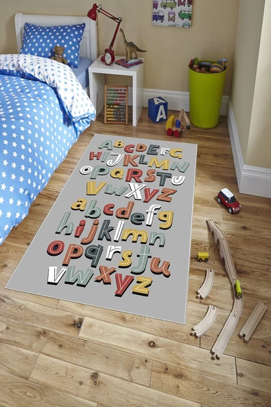 Makinede Yıkanabilir Leke Tutmaz  Gri Pvc Deri Kaymaz Taban Alfabe Çocuk Saçaksız Halı H7119  ÇOKLU 80 x 150 - 3