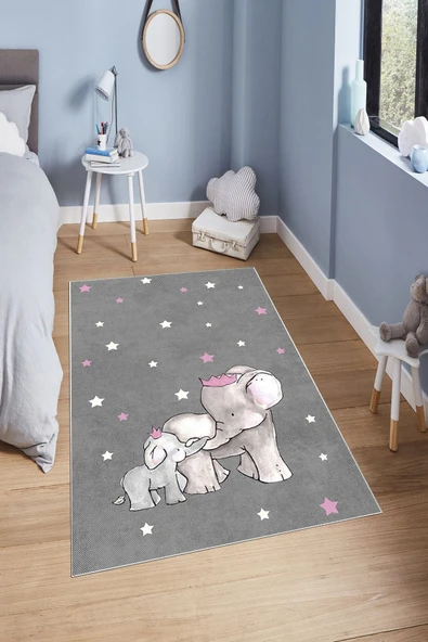 Makinede Yıkanabilir Leke Tutmaz  Gri Pvc Deri Kaymaz Taban Fil Çocuk Saçaksız Halı H7111  ÇOKLU 80 x 150