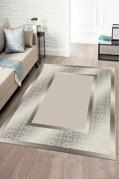 Makinede Yıkanabilir Leke Tutmaz  GOLD Modern Çerçeve Desen Halı B1327  100 x 200 VİZON