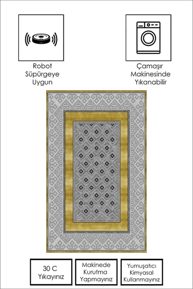 Makinede Yıkanabilir Leke Tutmaz  GRİ-GOLD Modern Çerçeve Desen Halı B1305  GRİ-GOLD 80 x 300 - Resim 5