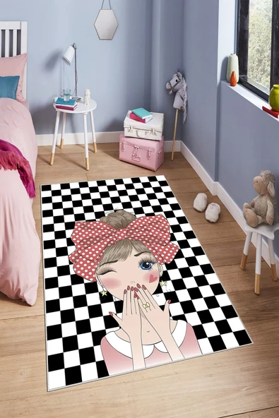 Makinede Yıkanabilir Leke Tutmaz  Renkli Pvc Deri Kaymaz Taban Figürlü Kız Çocuk Saçaksız Halı H7127  ÇOKLU 80 x 300 - 4