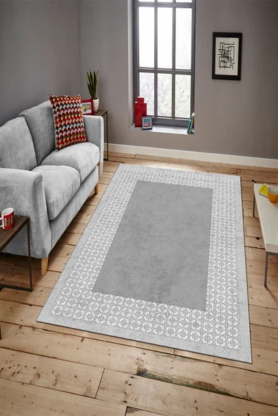 Makinede Yıkanabilir Leke Tutmaz  BEJ-LACİVERT Modern Çerçeve Desen Halı B1326  GRİ 100 x 200