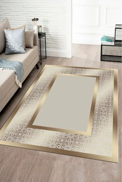 Makinede Yıkanabilir Leke Tutmaz  GOLD Modern Çerçeve Desen Halı B1327  80 x 300 GOLD - 2
