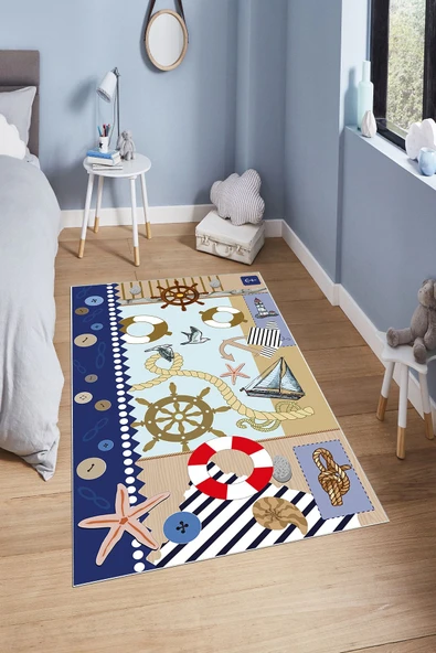 Makinede Yıkanabilir Leke Tutmaz  Renkli Pvc Deri Kaymaz Taban Gemi Temalı Çocuk Saçaksız Halı H7124  ÇOKLU 160 x 230