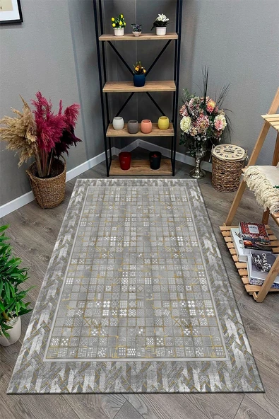 Makinede Yıkanabilir Leke Tutmaz  Gri-Gold Pvc Deri Kaymaz Taban Modern Salon Saçaksız Halı B1310  GRİ-GOLD 120 x 180 - 3