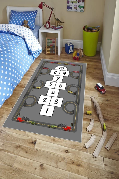 Makinede Yıkanabilir Leke Tutmaz  Antrasit Pvc Deri Kaymaz Taban Seksek Araba Çocuk Saçaksız Halı H7105-1  ÇOKLU 120 x 180 - 3