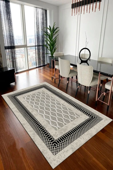 Makinede Yıkanabilir Leke Tutmaz  GRİ Modern Çerçeve Desen Halı B1321  200 x 300 BEJ - Resim 2