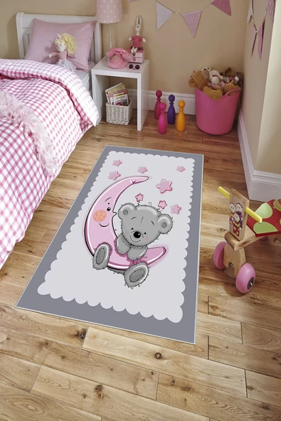 Makinede Yıkanabilir Leke Tutmaz  Gri Pvc Deri Kaymaz Taban Ay-Yıldız Çocuk Saçaksız Halı H7110  ÇOKLU 100 x 200 - 3
