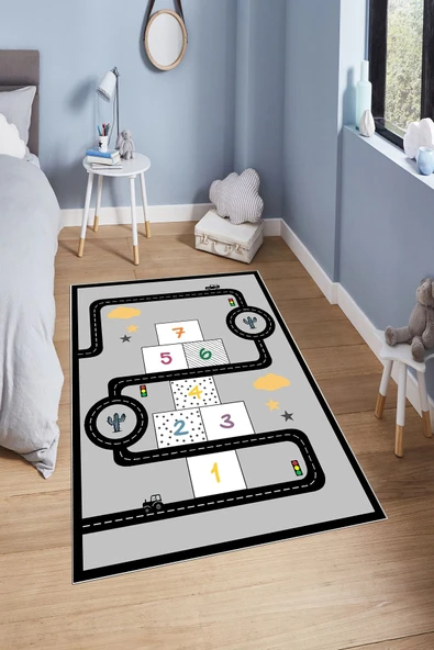Makinede Yıkanabilir Leke Tutmaz  Gri Pvc Deri Kaymaz Taban Seksek Yol Figürlü Çocuk Saçaksız Halı H7125-1  ÇOKLU 120 x 180