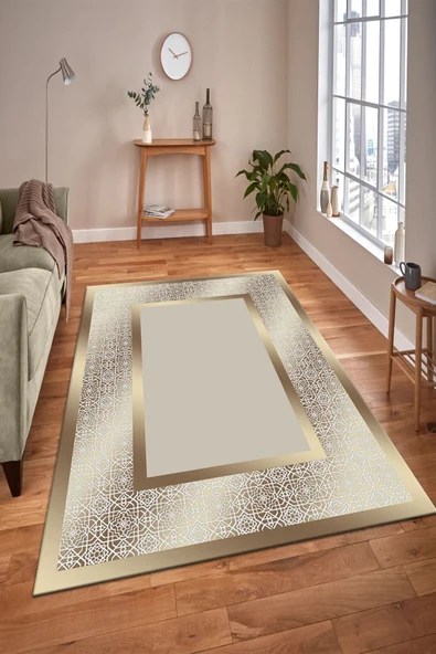 Makinede Yıkanabilir Leke Tutmaz  GOLD Modern Çerçeve Desen Halı B1327  80 x 300 GOLD - 4