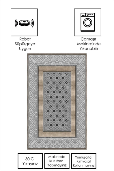 Makinede Yıkanabilir Leke Tutmaz  GRİ-GOLD Modern Çerçeve Desen Halı B1305  GRİ-KAHVERENGİ 80 x 300 - Resim 4