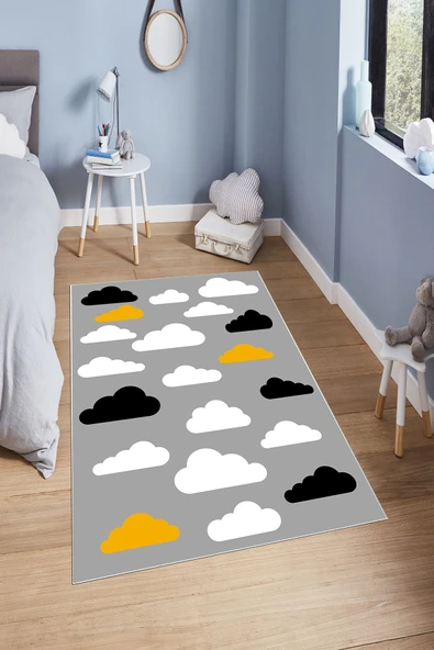 Makinede Yıkanabilir Leke Tutmaz  Gri Pvc Deri Kaymaz Taban Bulut Çocuk Saçaksız Halı H7121  ÇOKLU 100 x 300