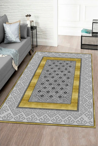 Makinede Yıkanabilir Leke Tutmaz  GRİ-GOLD Modern Çerçeve Desen Halı B1305  GRİ-GOLD 160 x 230