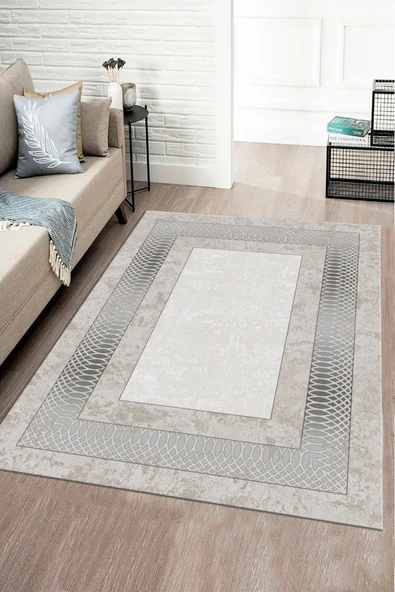 Makinede Yıkanabilir Leke Tutmaz  VİZON-GÜMÜŞ Modern Çerçeve Desen Halı B1320  BEJ-GÜMÜŞ 100 x 300