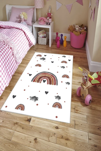 Makinede Yıkanabilir Leke Tutmaz  Beyaz Pvc Deri Kaymaz Taban Gökkuşagı Çocuk Saçaksız Halı H7114  ÇOKLU 100 x 200 - 3