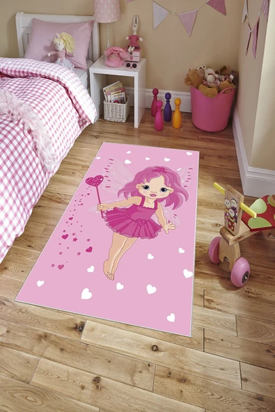 Makinede Yıkanabilir Leke Tutmaz  Pembe Pvc Deri Kaymaz Taban Peri Kız Çocuk Saçaksız Halı H7116  ÇOKLU 200 x 300 - 3