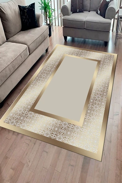 Makinede Yıkanabilir Leke Tutmaz  GOLD Modern Çerçeve Desen Halı B1327  100 x 300 GOLD