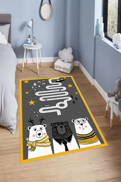 Makinede Yıkanabilir Leke Tutmaz  Gri-Renkli Pvc Deri Kaymaz Taban Sevimli Figürlü Çocuk Saçaksız Halı H7123  ÇOKLU 180 x 280