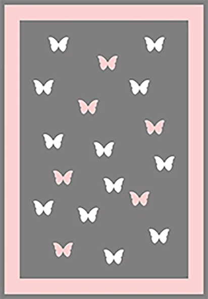 Makinede Yıkanabilir Leke Tutmaz  Gri-Pembe Pvc Deri Kaymaz Taban Kelebek Çocuk Saçaksız Halı H7120  ÇOKLU 80 x 150 - 2