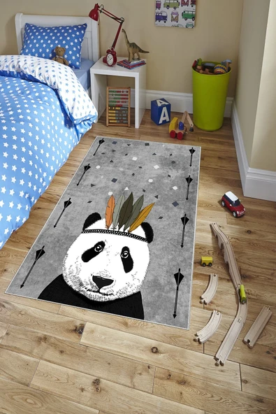 Makinede Yıkanabilir Leke Tutmaz  Gri Pvc Deri Kaymaz Taban Panda Çocuk Saçaksız Halı H7122  ÇOKLU 80 x 200 - 3