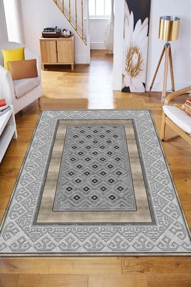 Makinede Yıkanabilir Leke Tutmaz  GRİ-GOLD Modern Çerçeve Desen Halı B1305  GRİ-KAHVERENGİ 80 x 300 - Resim 3
