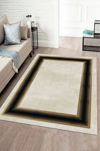 Makinede Yıkanabilir Leke Tutmaz  Gold-Siyah Pvc Deri Kaymaz Taban Çerçeve Salon Saçaksız Halı B1301  KREM-SİYAH 120 x 180 - 6