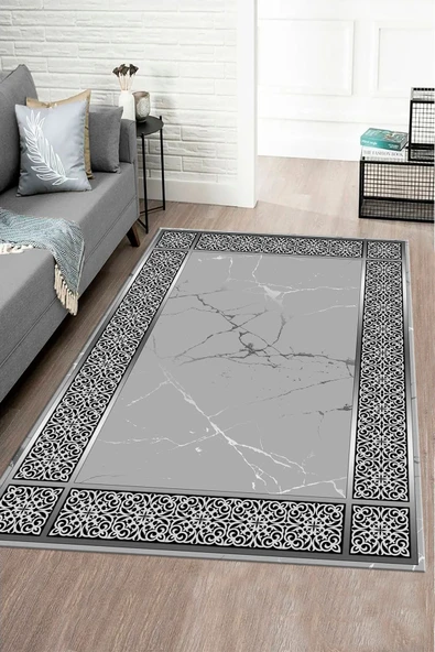 Makinede Yıkanabilir Leke Tutmaz  Gri Pvc Deri Kaymaz Taban Modern Salon Saçaksız Halı B1317-1  GRİ 120 x 180