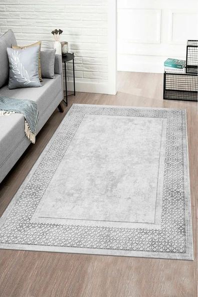 Makinede Yıkanabilir Leke Tutmaz  Gri Pvc Deri Kaymaz Taban Modern Salon Saçaksız Halı B1316-1  GRİ 120 x 180