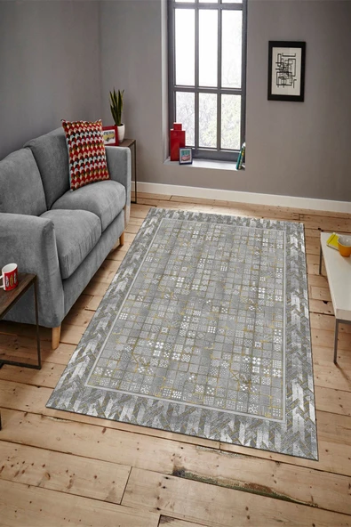 Makinede Yıkanabilir Leke Tutmaz  Gri-Gold Pvc Deri Kaymaz Taban Modern Salon Saçaksız Halı B1310  GRİ-GOLD 100 x 300 - 6