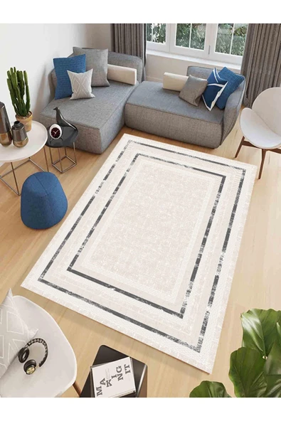 Makinede Yıkanabilir Leke Tutmaz  Vizon Makina Dokuma Kaymaz Taban Vintage Çerçeve Halı Ald37  Gri 80 x 300