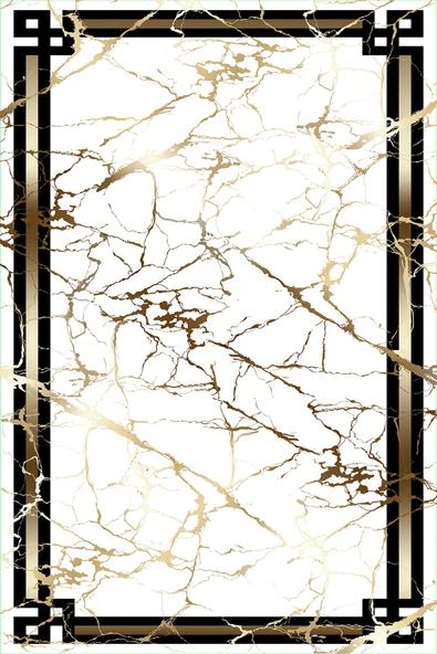 Makinede Yıkanabilir Leke Tutmaz  Beyaz-Gold Pvc Deri Kaymaz Taban Çerçeve Salon Saçaksız Halı O-1105-1  gold-beyaz-siyah 200 x 300 - 2