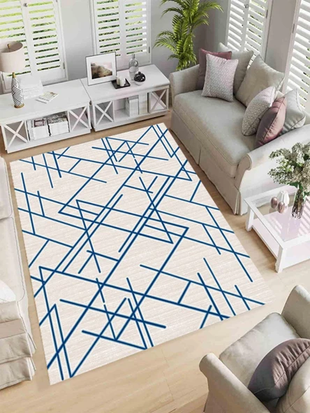 Makinede Yıkanabilir Leke Tutmaz  Vizon Makina Dokuma Kaymaz Taban Çizgi Halı Ald34  Mavi 120 x 180 ürün görseli