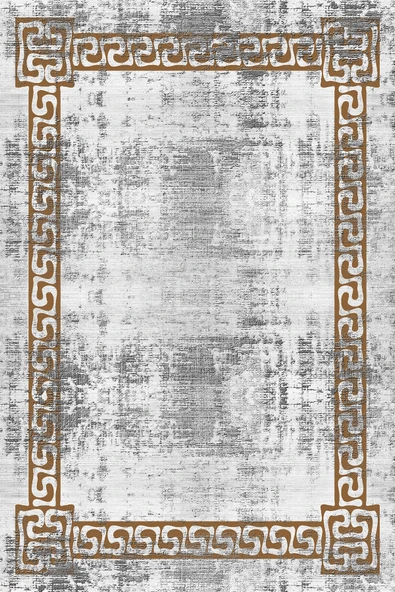 Makinede Yıkanabilir Leke Tutmaz  Gri-Kahve Pvc Deri Kaymaz Taban Çerçeve Vintage Salon Saçaksız Halı B1075  ÇOKLU 80 x 400