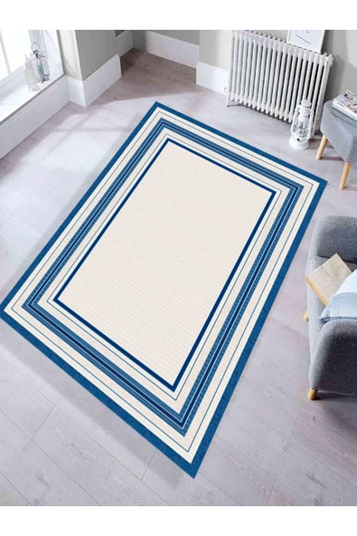 Makinede Yıkanabilir Leke Tutmaz  Makina Dokuma Kaymaz Taban Üç Çizgi Desen Halı Ald43  Mavi 80 x 150
