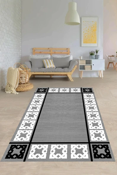 Makinede Yıkanabilir Leke Tutmaz  Gri Pvc Deri Kaymaz Taban Modern Salon Saçaksız Halı B-1071  ÇOKLU 80 x 350