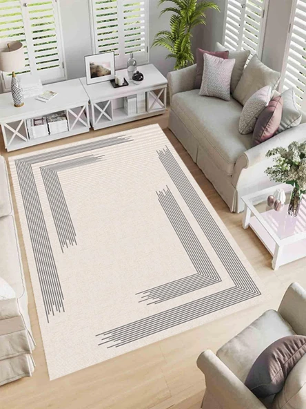 Makinede Yıkanabilir Leke Tutmaz  Vizon Makina Dokuma Kaymaz Taban Kenar Çizgi Halı Ald35  Gri 100 x 200 - Resim 2