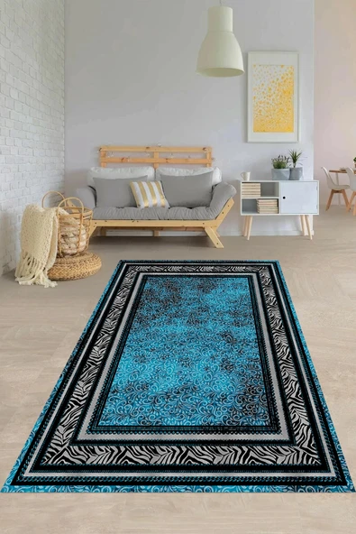 Makinede Yıkanabilir Leke Tutmaz  Mavi Pvc Deri Kaymaz Taban Modern Salon Saçaksız Halı B-1112  ÇOKLU 80 x 300