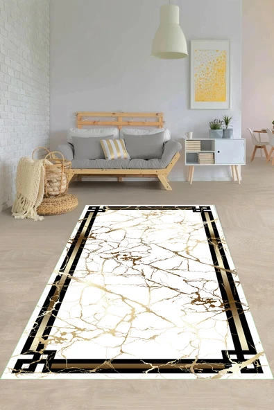 Makinede Yıkanabilir Leke Tutmaz  Beyaz-Gold Pvc Deri Kaymaz Taban Çerçeve Salon Saçaksız Halı O-1105-1  gold-beyaz-siyah 80 x 200