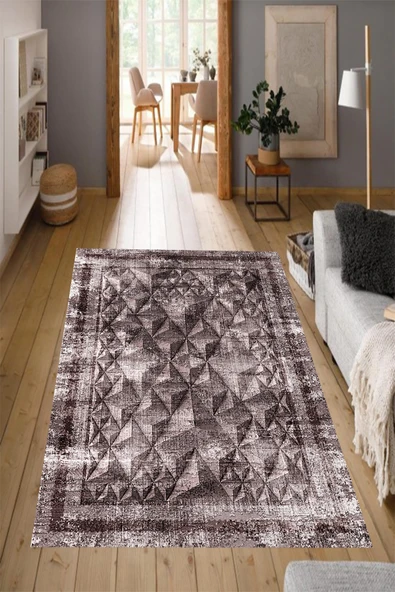Makinede Yıkanabilir Leke Tutmaz  Mürdüm Pvc Deri Kaymaz Taban Modern Salon Saçaksız Halı B-1107  ÇOKLU 80 x 300