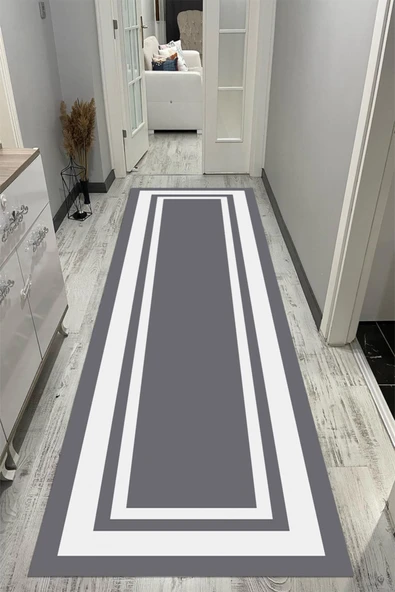 Makinede Yıkanabilir Leke Tutmaz  Antrasit Pvc Deri Kaymaz Taban Çerçeve Yolluk Saçaksız Halı O-1183-1  ANTRASİT 120 x 200
