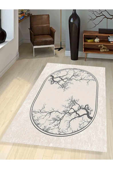 Makinede Yıkanabilir Leke Tutmaz  Vizon Makina Dokuma Kaymaz Taban Hayat Ağacı Desen Halı Ald45  Gri 100 x 300