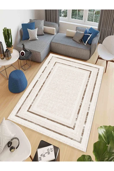 Makinede Yıkanabilir Leke Tutmaz  Vizon Makina Dokuma Kaymaz Taban Vintage Çerçeve Halı Ald37  Vizon 160 x 230 - Resim 2