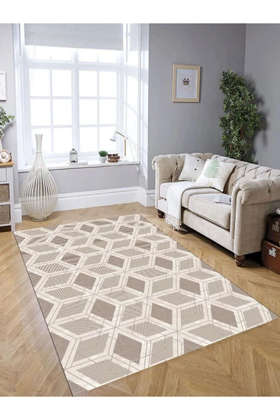 Makinede Yıkanabilir Leke Tutmaz  Vizon Makina Dokuma Kaymaz Taban Baklava Desen Halı Ald39  Vizon 160 x 230 - Resim 2